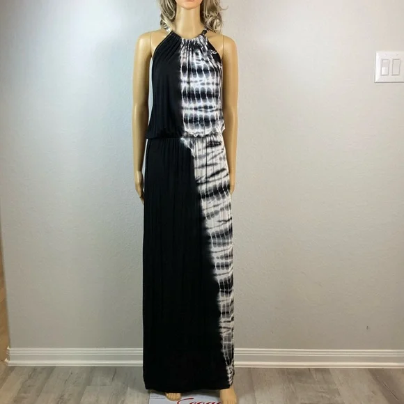 GO Couture Black and White Tie-Dye Halter Maxi Dress Medium - Picture 3 of 9
